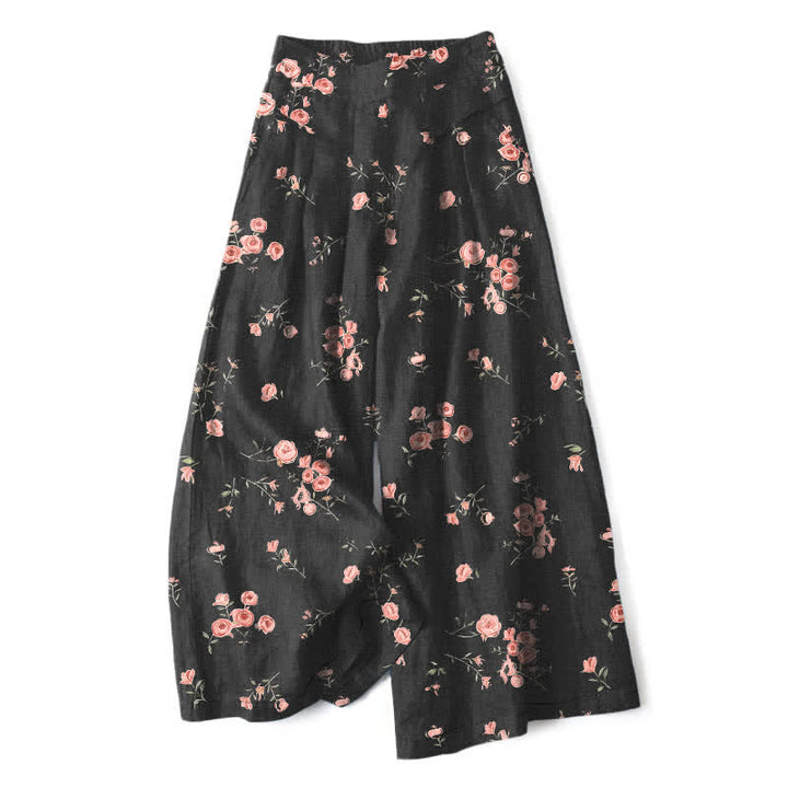 Buddha Stones Pantaloni da donna a gamba larga con elastico in vita e tasche, in cotone e lino, con fantasia a rose vintage. - Nero - US16, UK/AU20, EU48 (3XL) - image 0