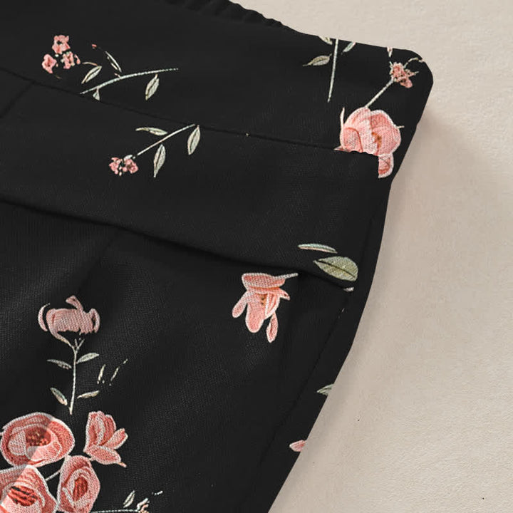 Buddha Stones Pantaloni da donna a gamba larga con elastico in vita e tasche, in cotone e lino, con fantasia a rose vintage. - image 3