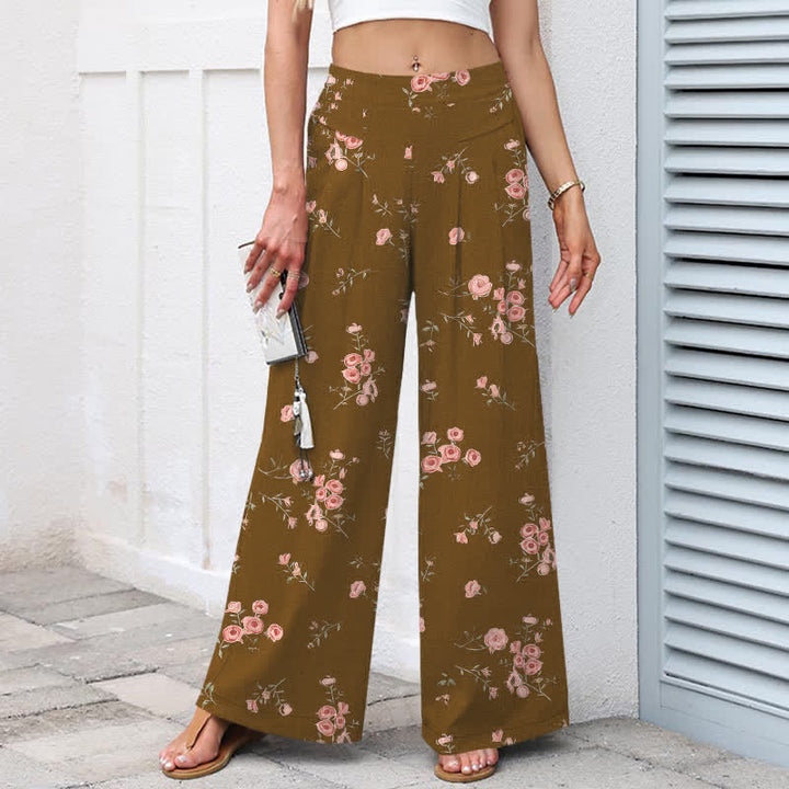 Buddha Stones Pantaloni da donna a gamba larga con elastico in vita e tasche, in cotone e lino, con fantasia a rose vintage. - image 6