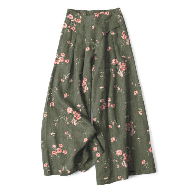 Buddha Stones Pantaloni da donna a gamba larga con elastico in vita e tasche, in cotone e lino, con fantasia a rose vintage. - Oliva - US16, UK/AU20, EU48 (3XL) - image 7