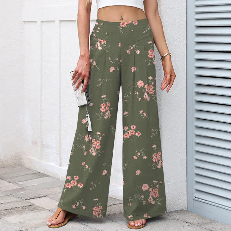 Buddha Stones Pantaloni da donna a gamba larga con elastico in vita e tasche, in cotone e lino, con fantasia a rose vintage. - image 8
