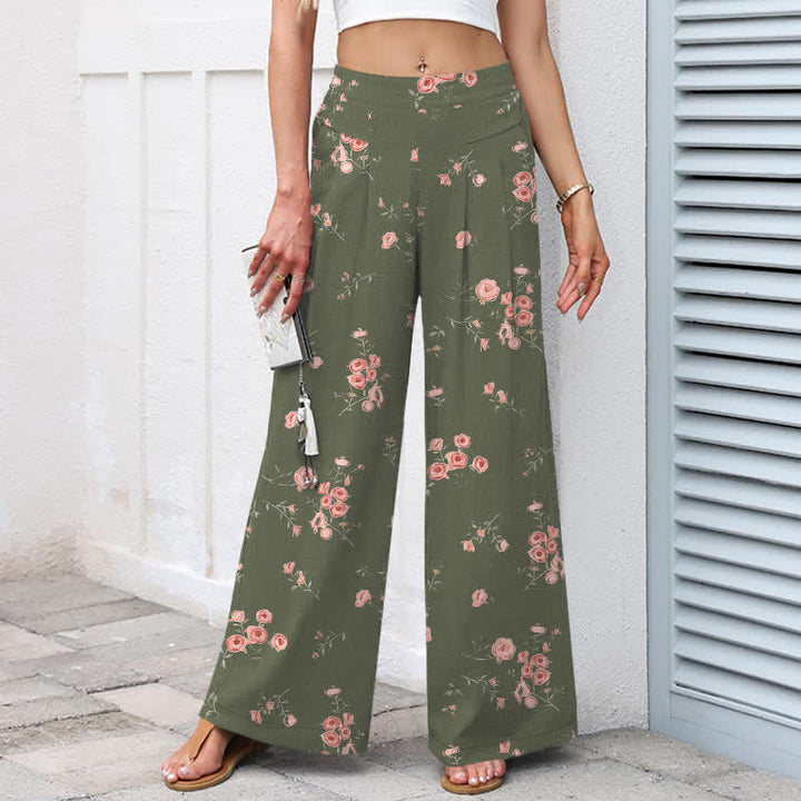 Buddha Stones Pantaloni da donna a gamba larga con elastico in vita e tasche, in cotone e lino, con fantasia a rose vintage. - image 8