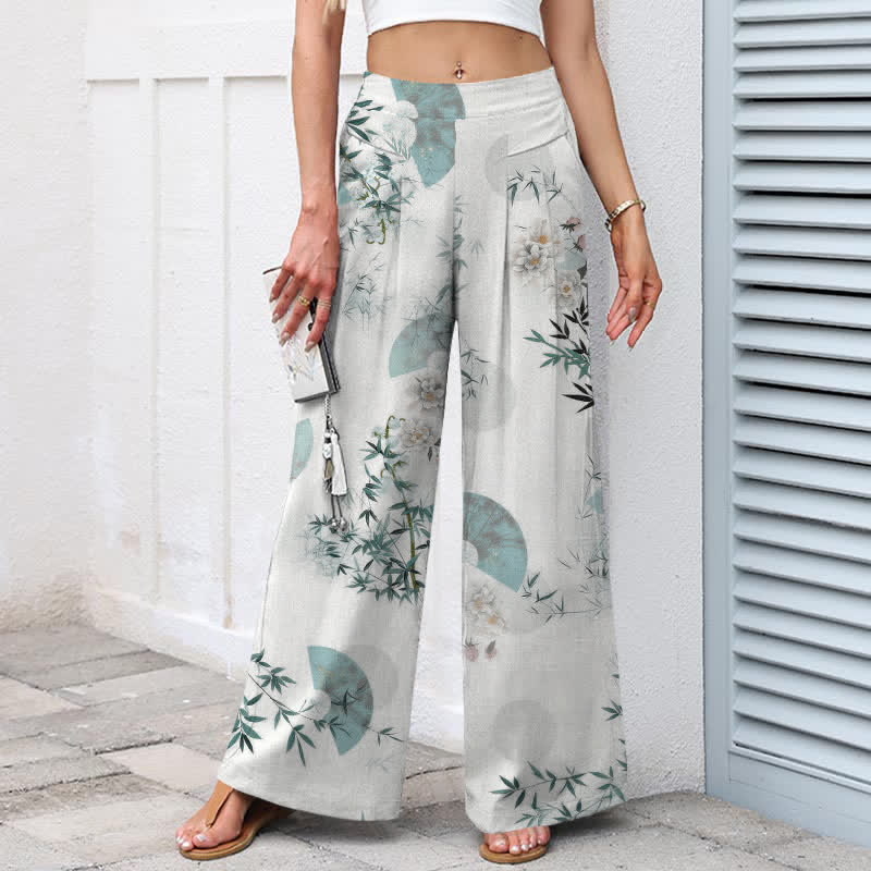 Buddha Stones Pantaloni da donna a gamba larga con elastico in vita e tasche, in cotone e lino, con fantasia orientale a foglie di bambù. - image 1