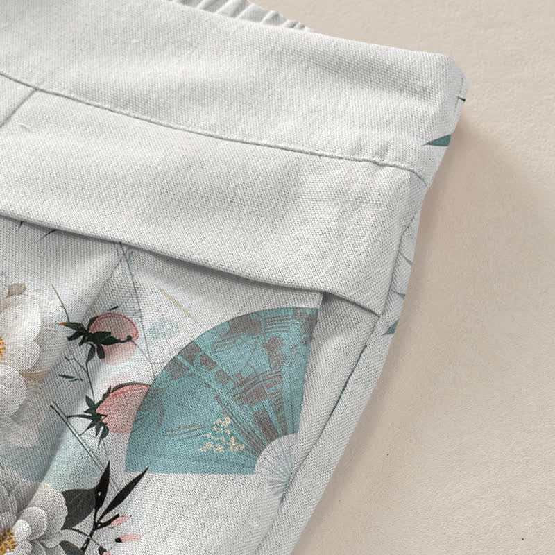 Buddha Stones Pantaloni da donna a gamba larga con elastico in vita e tasche, in cotone e lino, con fantasia orientale a foglie di bambù. - image 3