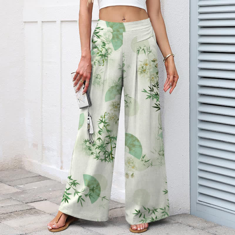 Buddha Stones Pantaloni da donna a gamba larga con elastico in vita e tasche, in cotone e lino, con fantasia orientale a foglie di bambù. - image 8