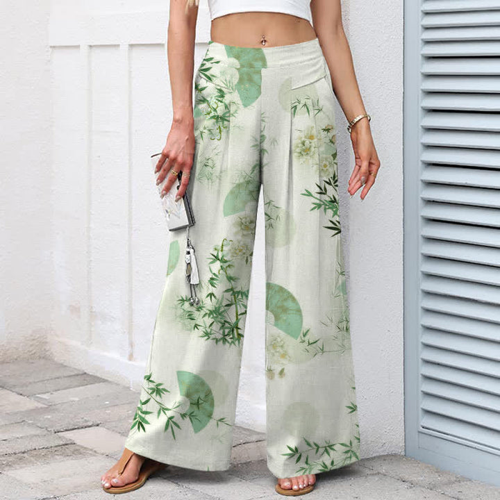 Buddha Stones Pantaloni da donna a gamba larga con elastico in vita e tasche, in cotone e lino, con fantasia orientale a foglie di bambù. - image 8