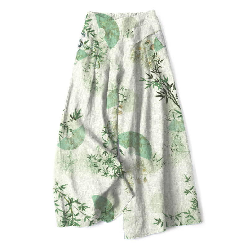 Buddha Stones Pantaloni da donna a gamba larga con elastico in vita e tasche, in cotone e lino, con fantasia orientale a foglie di bambù. - Melata - US16, UK/AU20, EU48 (3XL) - image 7
