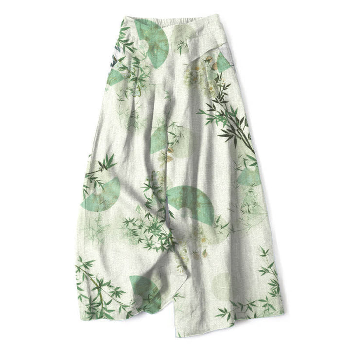 Buddha Stones Pantaloni da donna a gamba larga con elastico in vita e tasche, in cotone e lino, con fantasia orientale a foglie di bambù. - Melata - US16, UK/AU20, EU48 (3XL) - image 7