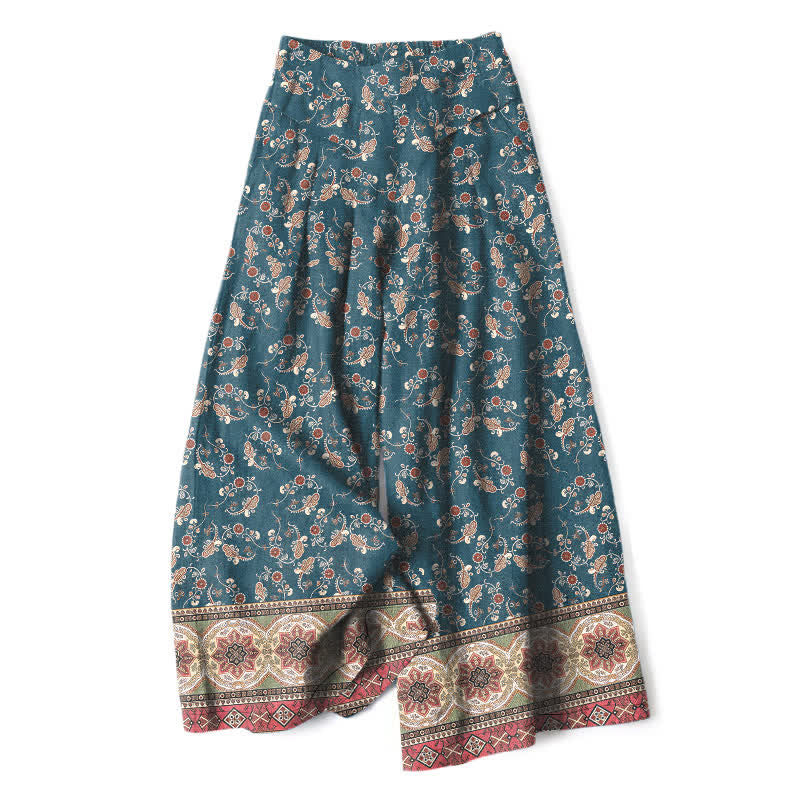 Buddha Stones Pantaloni da donna in cotone e lino, stile bohémien, a gamba larga con elastico in vita e tasche, con fantasia floreale. - Verde acqua - US16, UK/AU20, EU48 (3XL) - image 0