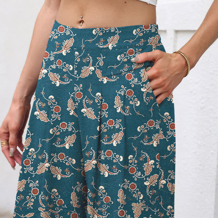 Buddha Stones Pantaloni da donna in cotone e lino, stile bohémien, a gamba larga con elastico in vita e tasche, con fantasia floreale. - image 2