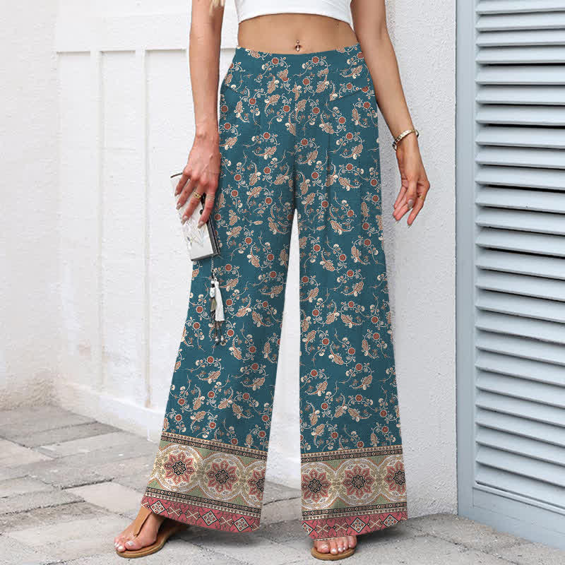 Buddha Stones Pantaloni da donna in cotone e lino, stile bohémien, a gamba larga con elastico in vita e tasche, con fantasia floreale. - image 1
