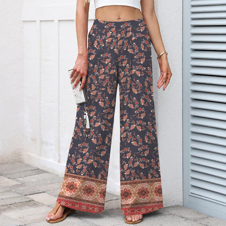 Buddha Stones Pantaloni da donna in cotone e lino, stile bohémien, a gamba larga con elastico in vita e tasche, con fantasia floreale. - image 6