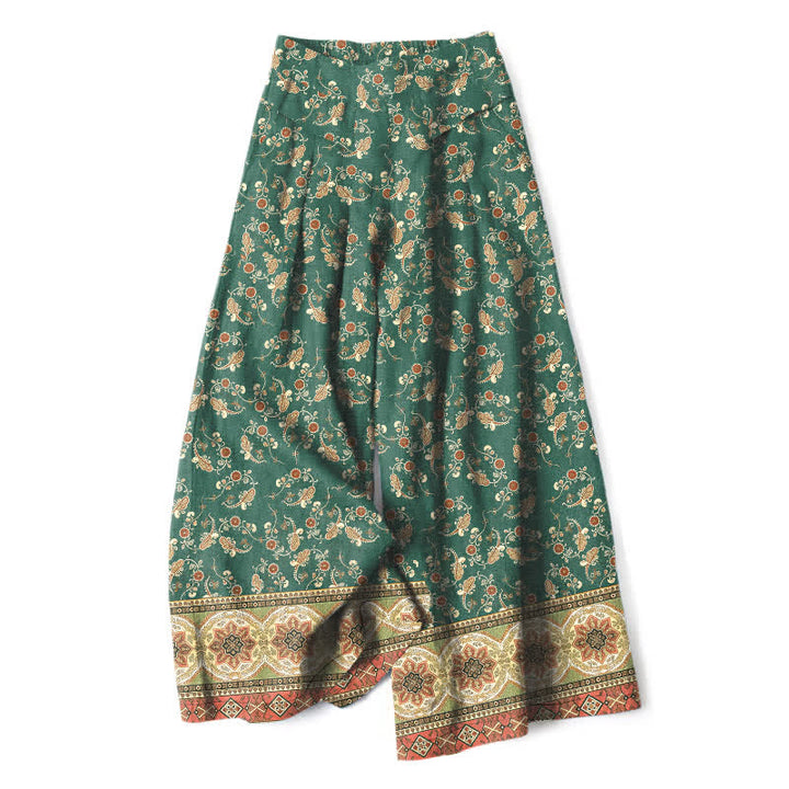 Buddha Stones Pantaloni da donna in cotone e lino, stile bohémien, a gamba larga con elastico in vita e tasche, con fantasia floreale. - Verde studentesco - US16, UK/AU20, EU48 (3XL) - image 7