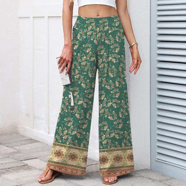 Buddha Stones Pantaloni da donna in cotone e lino, stile bohémien, a gamba larga con elastico in vita e tasche, con fantasia floreale. - image 8