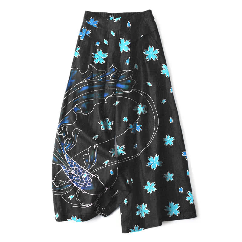Buddha Stones Pantaloni da donna in cotone e lino con elastico in vita e gamba larga, fantasia floreale con pesci koi e tasche. - Nero - US16, UK/AU20, EU48 (3XL) - image 0