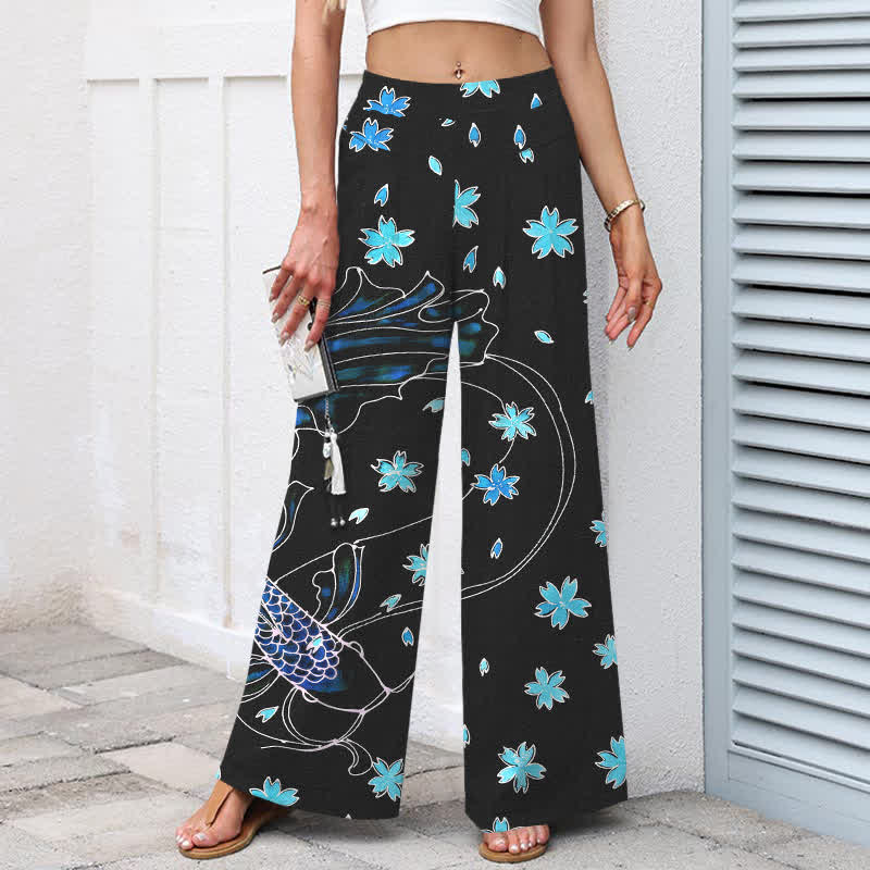 Buddha Stones Pantaloni da donna in cotone e lino con elastico in vita e gamba larga, fantasia floreale con pesci koi e tasche. - image 1