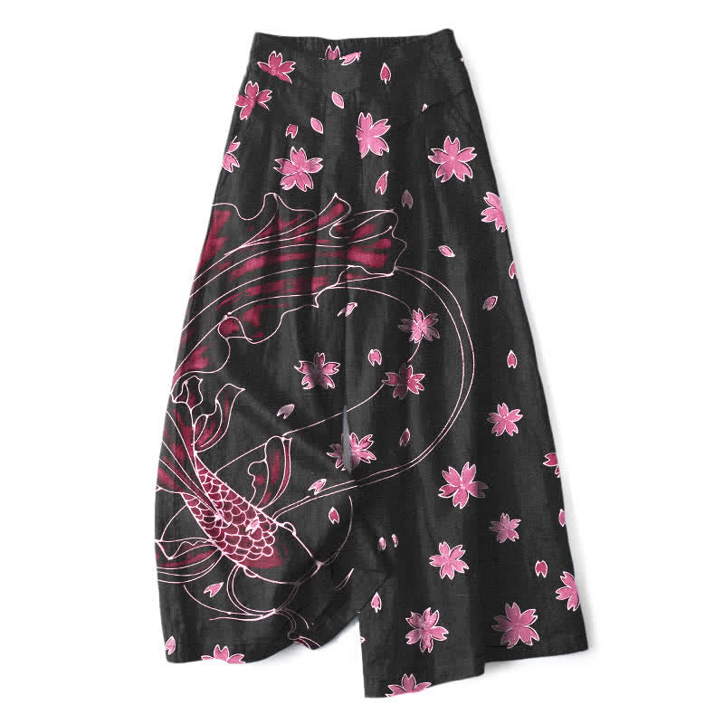 Buddha Stones Pantaloni da donna in cotone e lino con elastico in vita e gamba larga, fantasia floreale con pesci koi e tasche. - Rosso viola pallido - US16, UK/AU20, EU48 (3XL) - image 5
