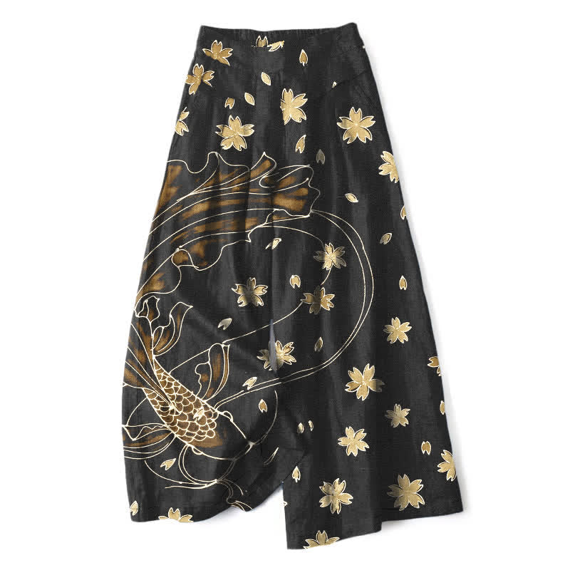 Buddha Stones Pantaloni da donna in cotone e lino con elastico in vita e gamba larga, fantasia floreale con pesci koi e tasche. - Verga d'oro pallida - US16, UK/AU20, EU48 (3XL) - image 7