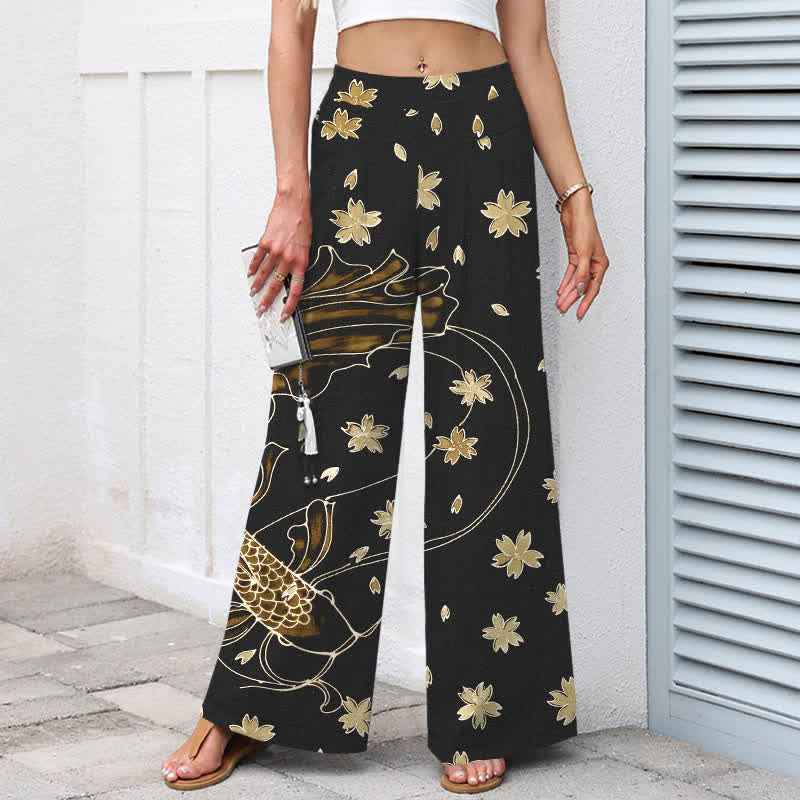 Buddha Stones Pantaloni da donna in cotone e lino con elastico in vita e gamba larga, fantasia floreale con pesci koi e tasche. - image 8