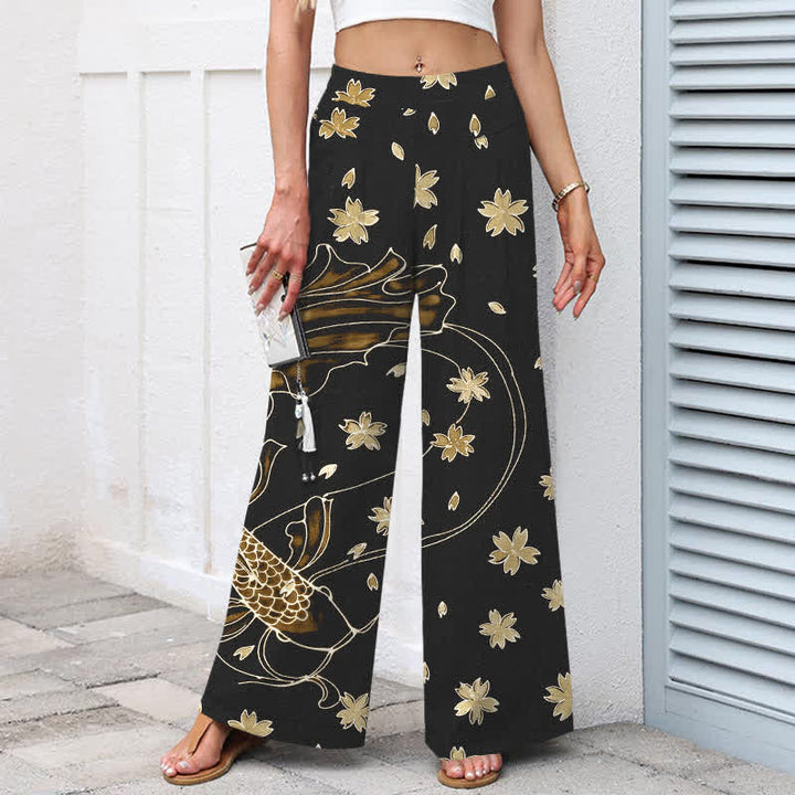 Buddha Stones Pantaloni da donna in cotone e lino con elastico in vita e gamba larga, fantasia floreale con pesci koi e tasche. - image 8