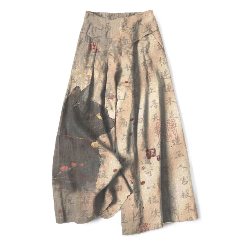Buddha Stones Pantaloni da donna in cotone e lino con elastico in vita e gamba larga, fantasia calligrafica con gatti e tasche. - Tan - US16, UK/AU20, EU48 (3XL) - image 0