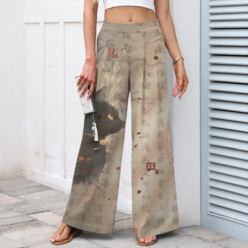 Buddha Stones Pantaloni da donna in cotone e lino con elastico in vita e gamba larga, fantasia calligrafica con gatti e tasche. - image 1