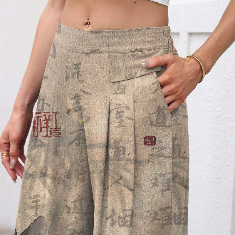 Buddha Stones Pantaloni da donna in cotone e lino con elastico in vita e gamba larga, fantasia calligrafica con gatti e tasche. - image 2