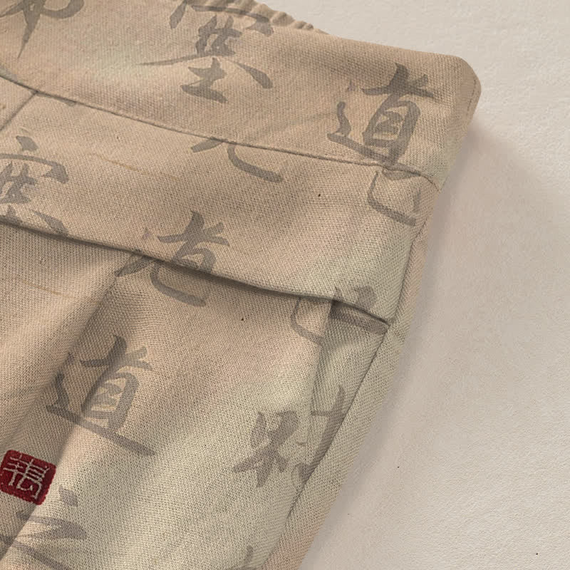 Buddha Stones Pantaloni da donna in cotone e lino con elastico in vita e gamba larga, fantasia calligrafica con gatti e tasche. - image 3
