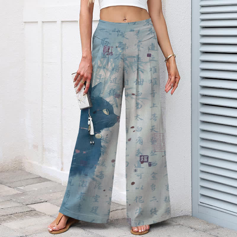 Buddha Stones Pantaloni da donna in cotone e lino con elastico in vita e gamba larga, fantasia calligrafica con gatti e tasche. - image 6