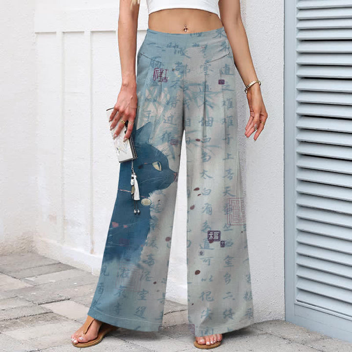 Buddha Stones Pantaloni da donna in cotone e lino con elastico in vita e gamba larga, fantasia calligrafica con gatti e tasche. - image 6