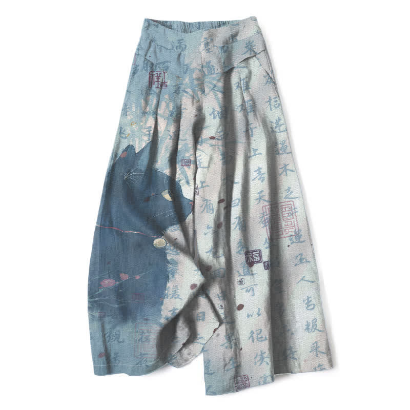 Buddha Stones Pantaloni da donna in cotone e lino con elastico in vita e gamba larga, fantasia calligrafica con gatti e tasche. - Blu acciaio chiaro - US16, UK/AU20, EU48 (3XL) - image 5