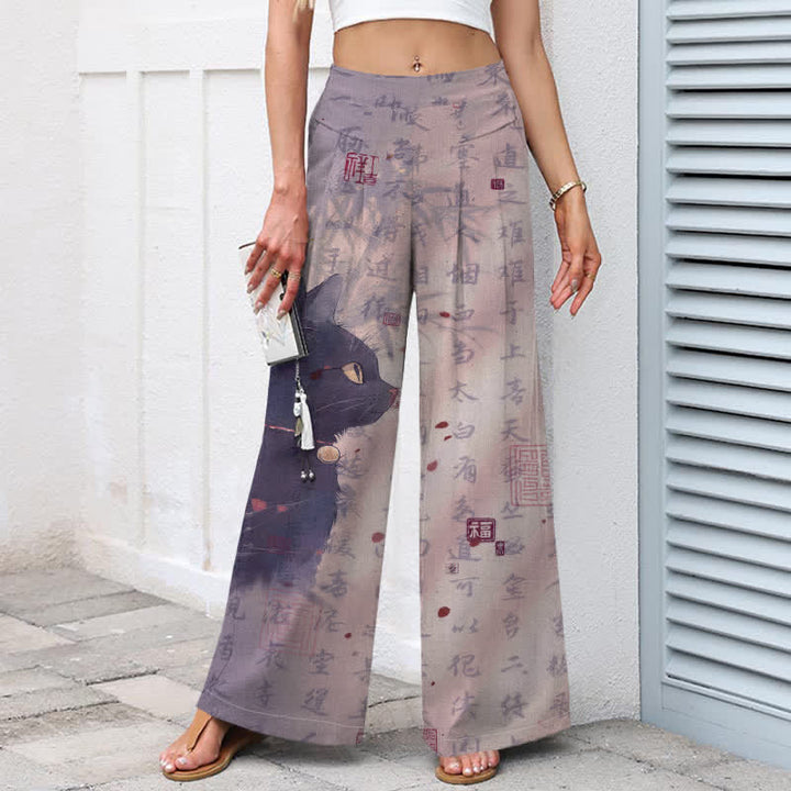 Buddha Stones Pantaloni da donna in cotone e lino con elastico in vita e gamba larga, fantasia calligrafica con gatti e tasche. - image 8