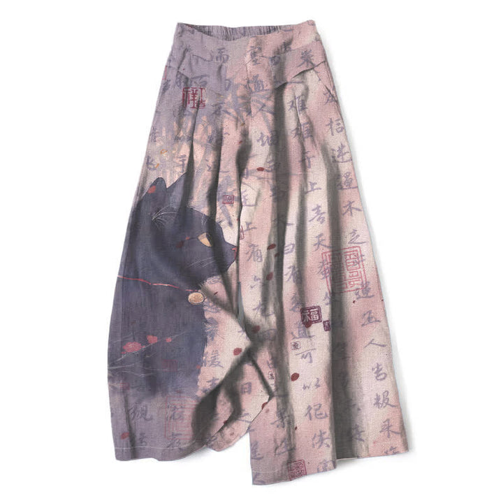Buddha Stones Pantaloni da donna in cotone e lino con elastico in vita e gamba larga, fantasia calligrafica con gatti e tasche. - Cardo - US16, UK/AU20, EU48 (3XL) - image 7