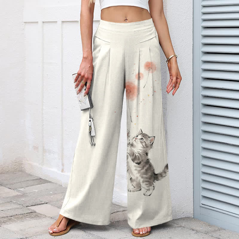 Buddha Stones Pantaloni da donna a gamba larga con elastico in vita e tasche, in cotone e lino, con stampa floreale e gatti acquerellati. - image 1