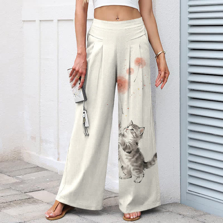 Buddha Stones Pantaloni da donna a gamba larga con elastico in vita e tasche, in cotone e lino, con stampa floreale e gatti acquerellati. - image 1