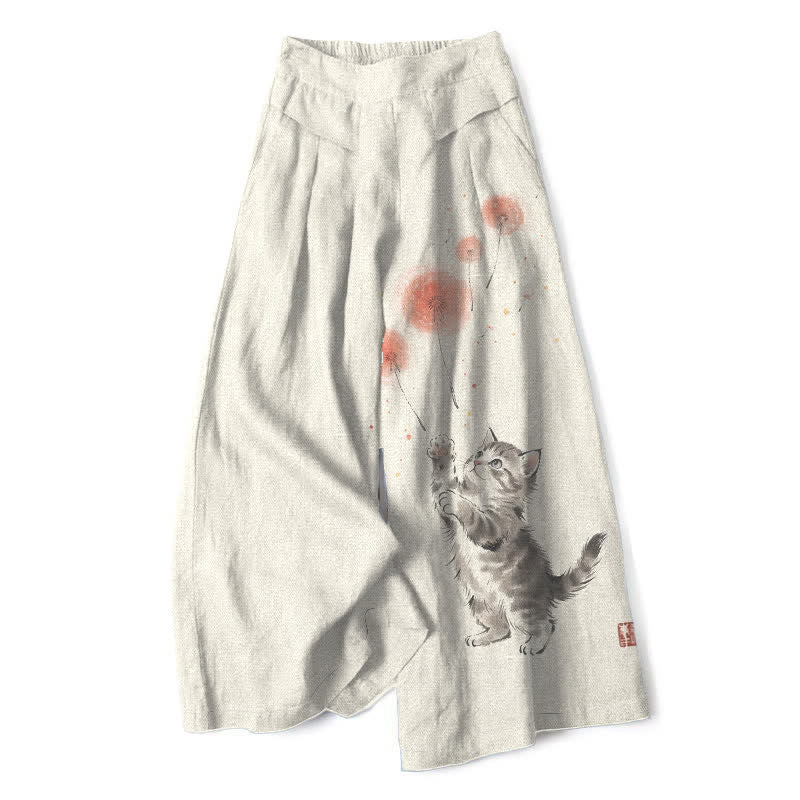 Buddha Stones Pantaloni da donna a gamba larga con elastico in vita e tasche, in cotone e lino, con stampa floreale e gatti acquerellati. - Avorio - US16, UK/AU20, EU48 (3XL) - image 0