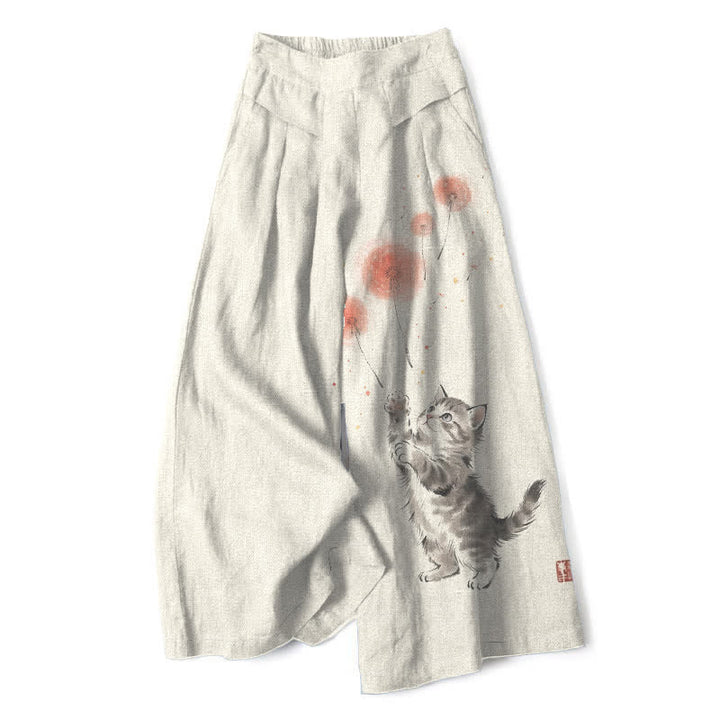 Buddha Stones Pantaloni da donna a gamba larga con elastico in vita e tasche, in cotone e lino, con stampa floreale e gatti acquerellati. - Avorio - US16, UK/AU20, EU48 (3XL) - image 0