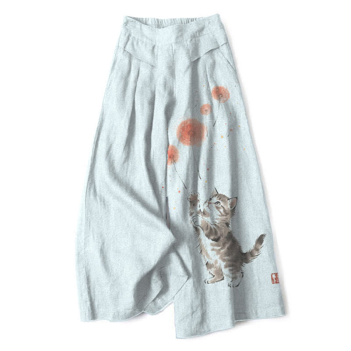 Buddha Stones Pantaloni da donna a gamba larga con elastico in vita e tasche, in cotone e lino, con stampa floreale e gatti acquerellati. - AliceBlue - US16, UK/AU20, EU48 (3XL) - image 5