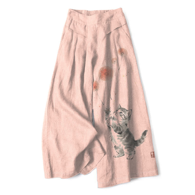 Buddha Stones Pantaloni da donna a gamba larga con elastico in vita e tasche, in cotone e lino, con stampa floreale e gatti acquerellati. - PeachPuff - US16, UK/AU20, EU48 (3XL) - image 7