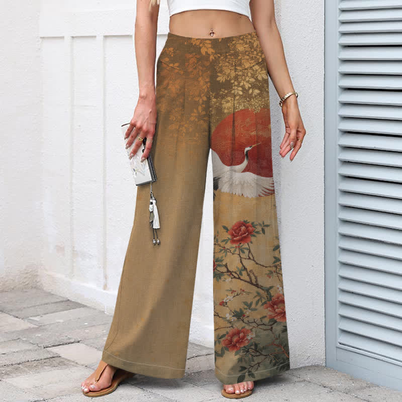 Buddha Stones Pantaloni da donna in cotone e lino con stampa floreale a gru, vita elasticizzata e gamba larga, con tasche. - image 1