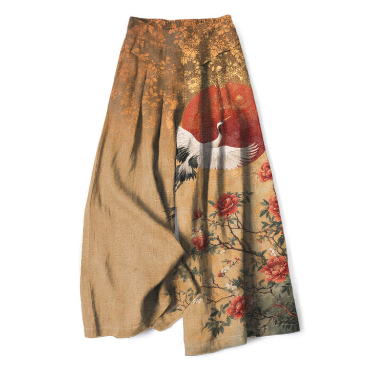 Buddha Stones Pantaloni da donna in cotone e lino con stampa floreale a gru, vita elasticizzata e gamba larga, con tasche. - Tan - US16, UK/AU20, EU48 (3XL) - image 0