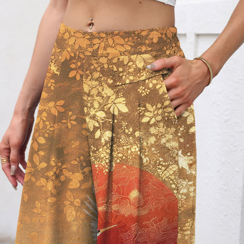 Buddha Stones Pantaloni da donna in cotone e lino con stampa floreale a gru, vita elasticizzata e gamba larga, con tasche. - image 2
