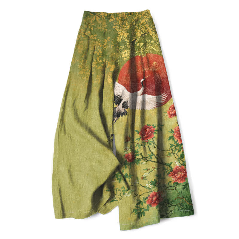 Buddha Stones Pantaloni da donna in cotone e lino con stampa floreale a gru, vita elasticizzata e gamba larga, con tasche. - GialloVerde - US16, UK/AU20, EU48 (3XL) - image 5
