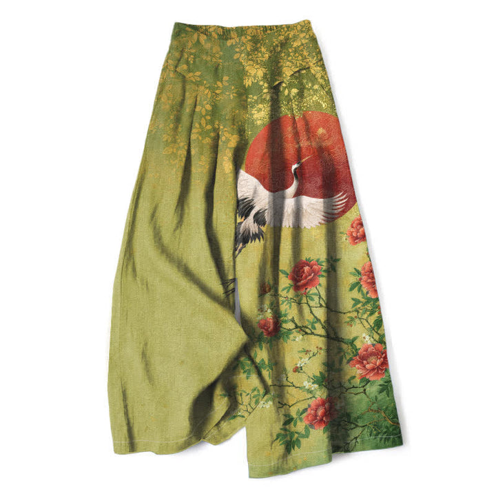Buddha Stones Pantaloni da donna in cotone e lino con stampa floreale a gru, vita elasticizzata e gamba larga, con tasche. - GialloVerde - US16, UK/AU20, EU48 (3XL) - image 5