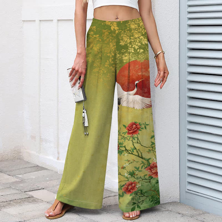 Buddha Stones Pantaloni da donna in cotone e lino con stampa floreale a gru, vita elasticizzata e gamba larga, con tasche. - image 6