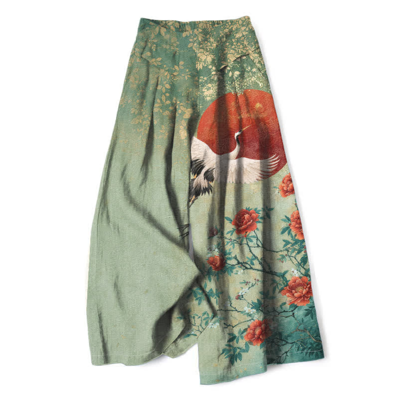 Buddha Stones Pantaloni da donna in cotone e lino con stampa floreale a gru, vita elasticizzata e gamba larga, con tasche. - Verde Mare Scuro - US16, UK/AU20, EU48 (3XL) - image 7