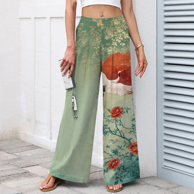 Buddha Stones Pantaloni da donna in cotone e lino con stampa floreale a gru, vita elasticizzata e gamba larga, con tasche. - image 8