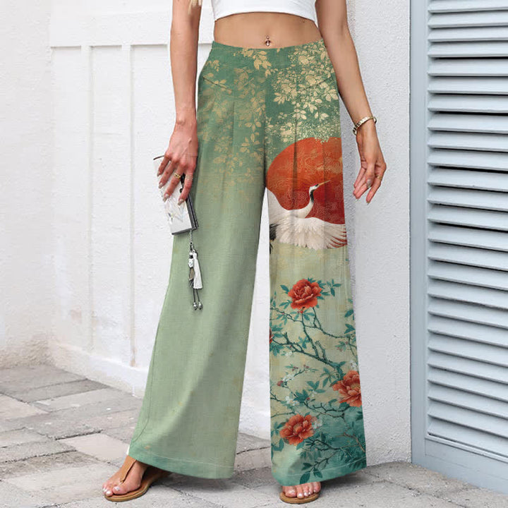 Buddha Stones Pantaloni da donna in cotone e lino con stampa floreale a gru, vita elasticizzata e gamba larga, con tasche. - image 8