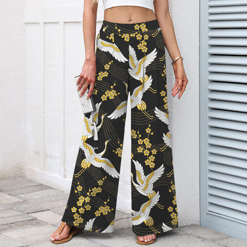 Buddha Stones Pantaloni da donna in cotone e lino con elastico in vita e gamba larga, fantasia a fiori di gru, con tasche. - image 1