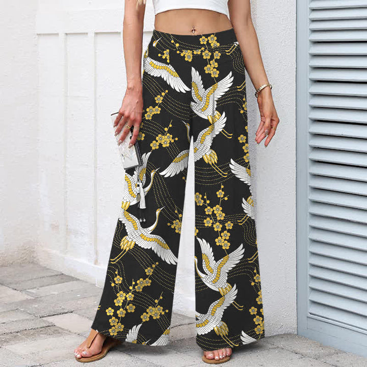 Buddha Stones Pantaloni da donna in cotone e lino con elastico in vita e gamba larga, fantasia a fiori di gru, con tasche. - image 1